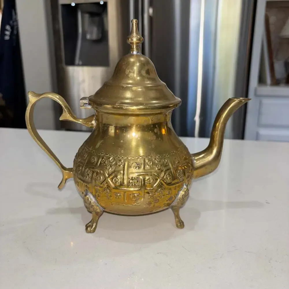 Vintage Ornate Moroccan Style Brass Decorative Teapot with Floral Engravings